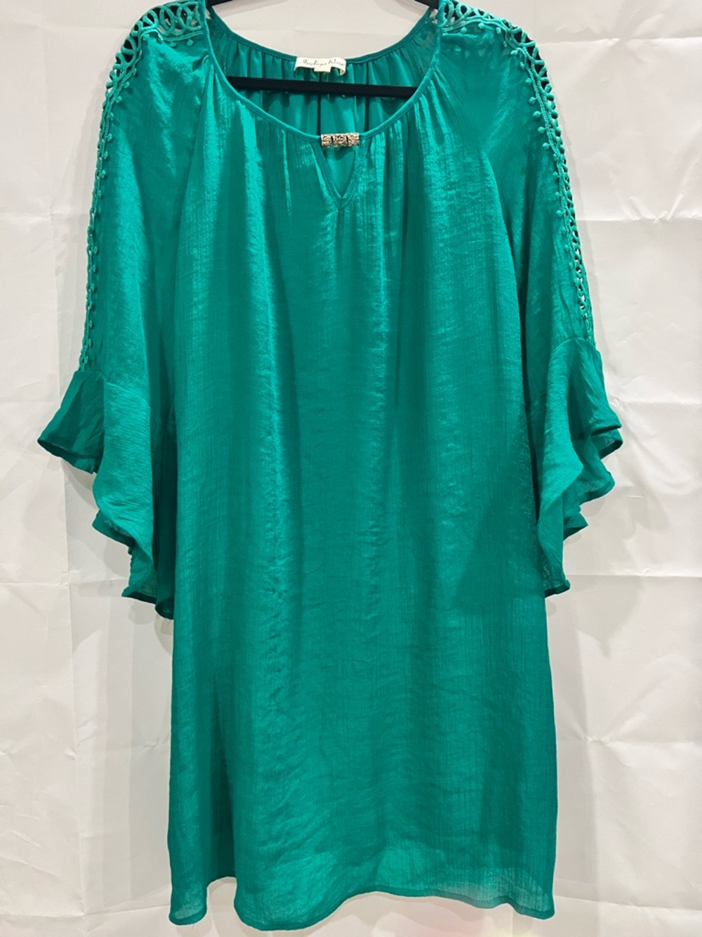 Indigo Rose Vibrant Green Tunic Dress Bell Sleeve Lace Accent Flowy Boho-